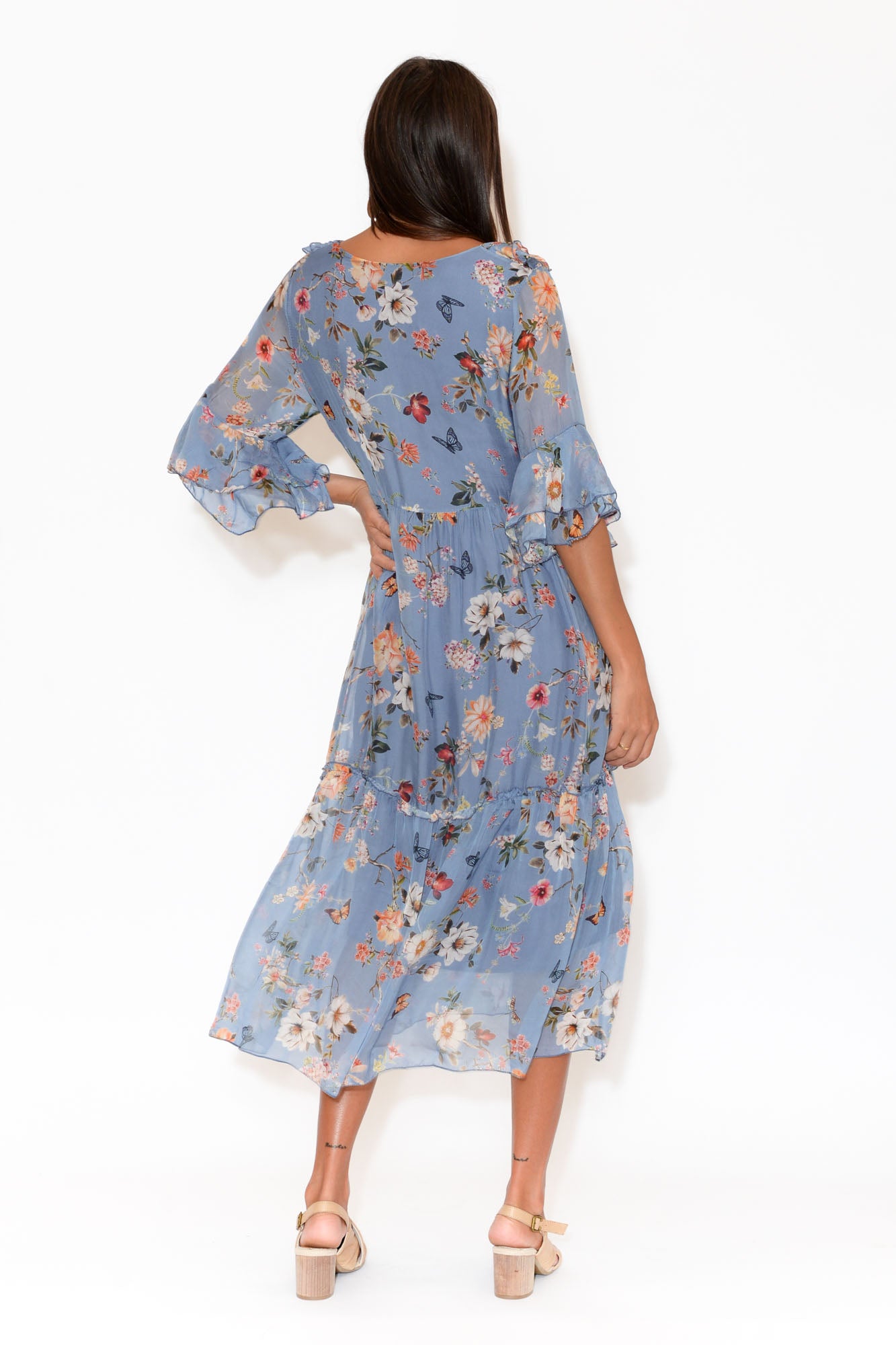 Adeline Blue Floral Silk Dress – Blue ...